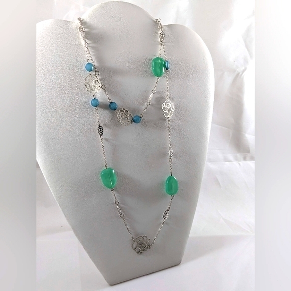 Rose and Blue & Green Beaded Chain Necklace - Picture 1 of 6